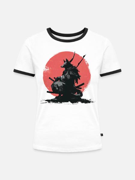 Wolf-Samurai auf Red Sun - Frauen Kontrast-T-Shirt - Weiß/Schwarz