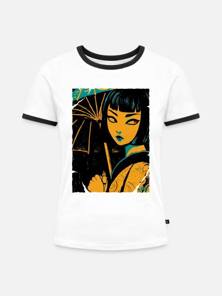 Geisha im Neonlicht - Frauen Kontrast-T-Shirt - Weiß/Schwarz