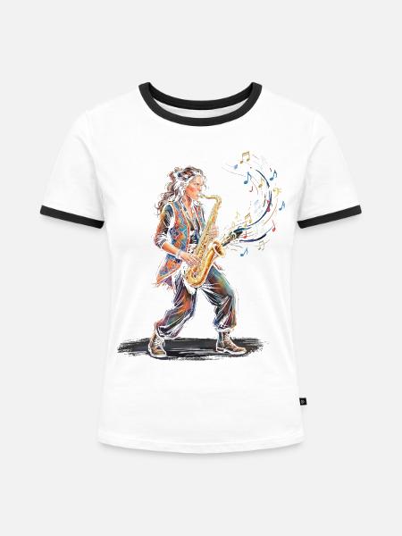 Weibliche Saxophonistin spielt Saxophon-Kunstdruck - Frauen Kontrast-T-Shirt - Weiß/Schwarz