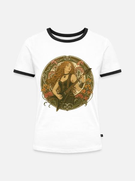 Gitarre im Jugendstil mit Blütenranken - Frauen Kontrast-T-Shirt - Weiß/Schwarz