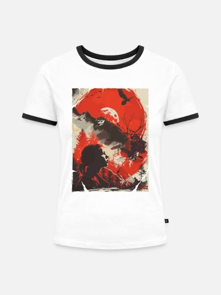 Red Moon Wilderness Silhouette - Frauen Kontrast-T-Shirt - Weiß/Schwarz