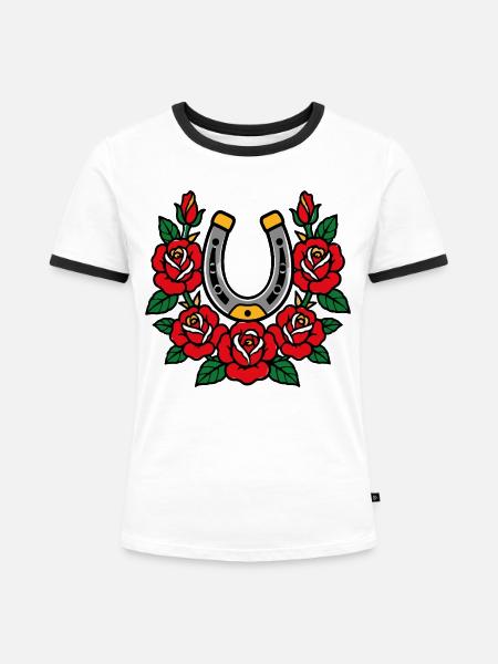 Hufeisen-und-Rosen-Tattoo-Stil - Frauen Kontrast-T-Shirt - Weiß/Schwarz