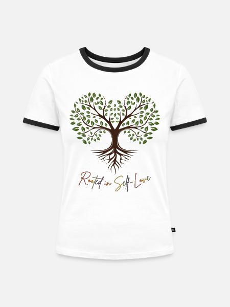 Wurzelkraft: Selbstliebe Baum - Frauen Kontrast-T-Shirt - Weiß/Schwarz