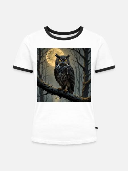 Nächtlicher Uhu im Mondwald - Frauen Kontrast-T-Shirt - Weiß/Schwarz