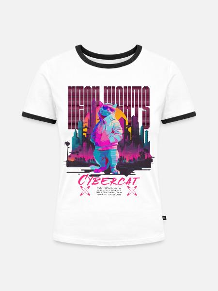 Neon Nights Cyberpunk Cat - Frauen Kontrast-T-Shirt - Weiß/Schwarz