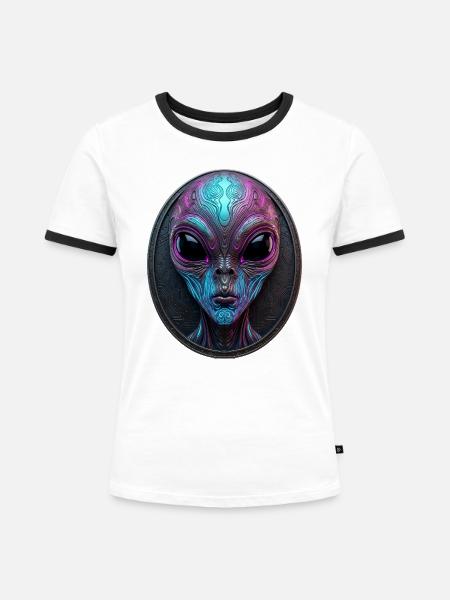 Neon Alien Medallion Sci-Fi Art - Frauen Kontrast-T-Shirt - Weiß/Schwarz
