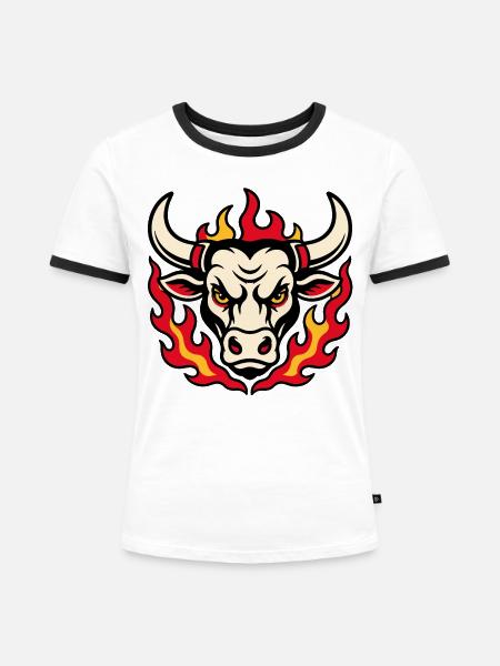 Stierkopf in Flammen im Tattoo-Stil - Frauen Kontrast-T-Shirt - Weiß/Schwarz