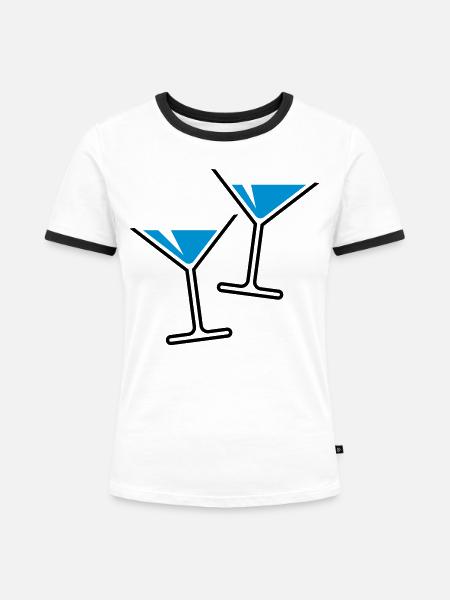 2 Cocktailgläser / Cocktail / Martini – (Hellblau) - Frauen Kontrast-T-Shirt - Weiß/Schwarz