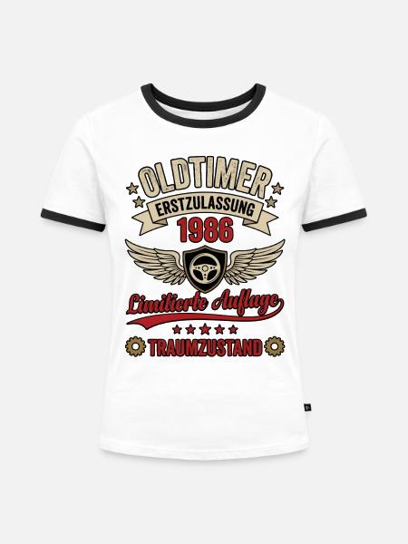 Oldtimer Erstzulassung 1986 Limited Edition  - Frauen Kontrast-T-Shirt - Weiß/Schwarz