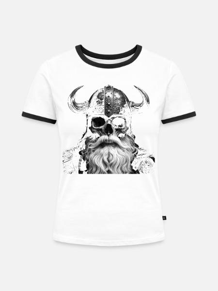 Skelettartiger Wikinger mit gehörntem Helm - Frauen Kontrast-T-Shirt - Weiß/Schwarz