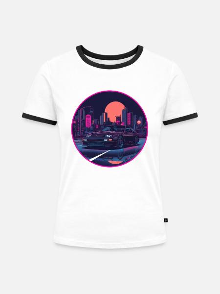Neon Tokyo Rain Popup-Scheinwerfer Schrägheck - Frauen Kontrast-T-Shirt - Weiß/Schwarz