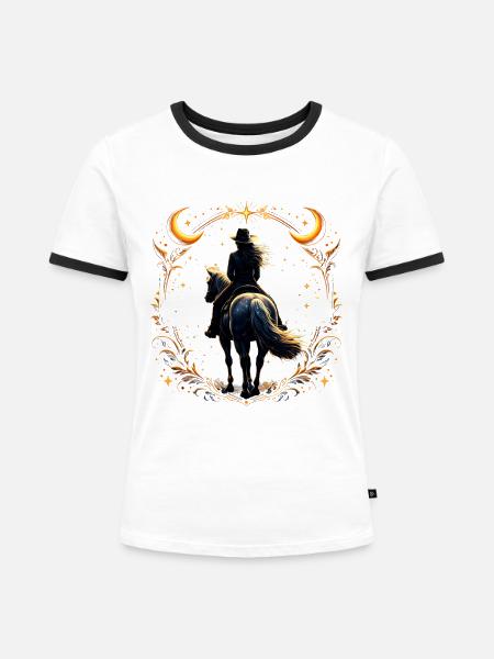 Nächtlicher Reiter in goldenem Rahmen - Frauen Kontrast-T-Shirt - Weiß/Schwarz
