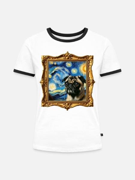 Mops Starry Night - Frauen Kontrast-T-Shirt - Weiß/Schwarz