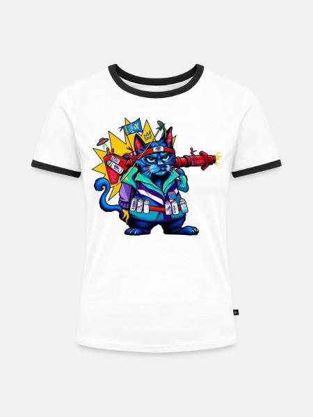 Kosmischer Katzen-Ranger - Frauen Kontrast-T-Shirt - Weiß/Schwarz