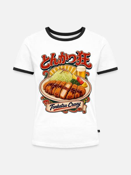 Tonkatsu Crazy - Frauen Kontrast-T-Shirt - Weiß/Schwarz