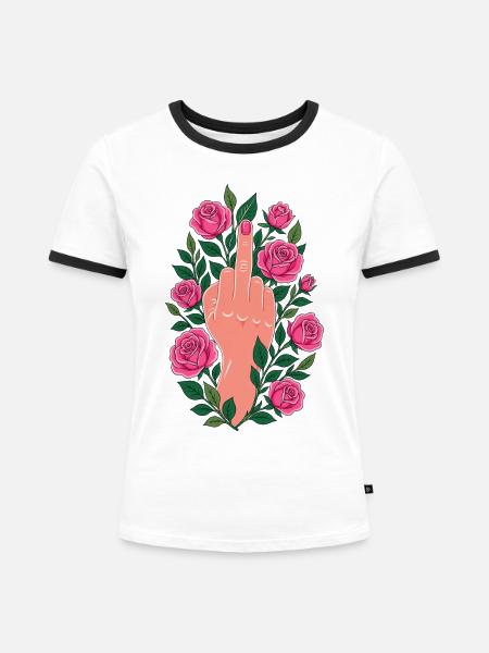  Mittelfinger Rosen Floral - Frauen Kontrast-T-Shirt - Weiß/Schwarz