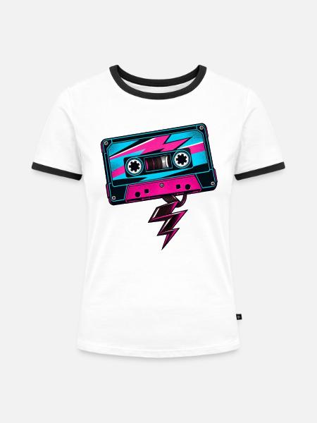 B-Seite: Retro-Kassette und Musikstrahl - Frauen Kontrast-T-Shirt - Weiß/Schwarz