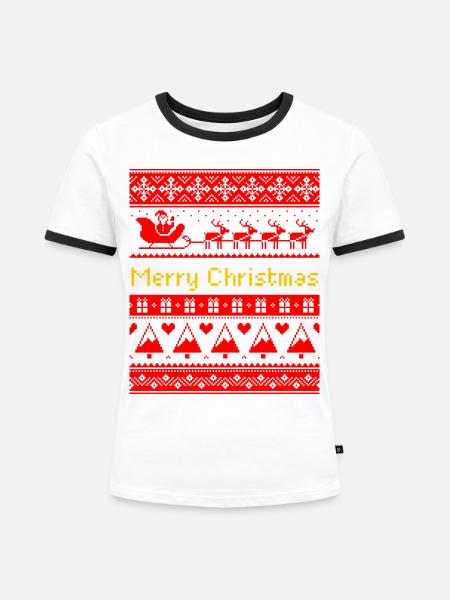 Hässliches Weihnachts-Pixel-Kunst-Weihnachtsmann-Schlittenmuster - Frauen Kontrast-T-Shirt - Weiß/Schwarz