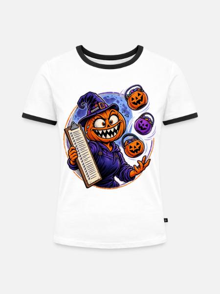 Kürbiszauberer mit Clipboard - Frauen Kontrast-T-Shirt - Weiß/Schwarz