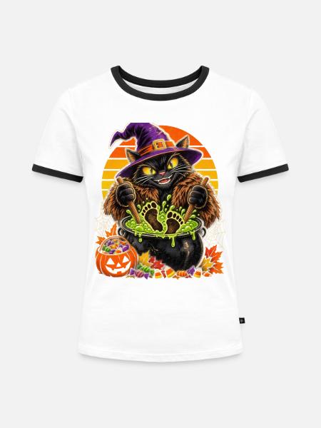 Hexenkatze im Hexenkessel Halloween - Frauen Kontrast-T-Shirt - Weiß/Schwarz