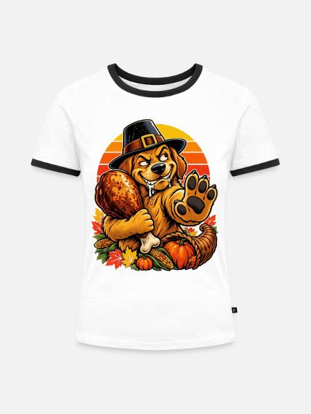 Thanksgiving Hund verteidigt Truthahn Retro - Frauen Kontrast-T-Shirt - Weiß/Schwarz