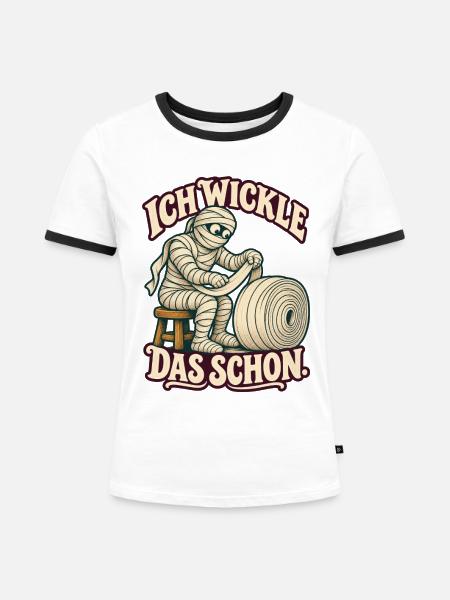 Mumie wickelt Bandagen – Halloweenhumor - Frauen Kontrast-T-Shirt - Weiß/Schwarz