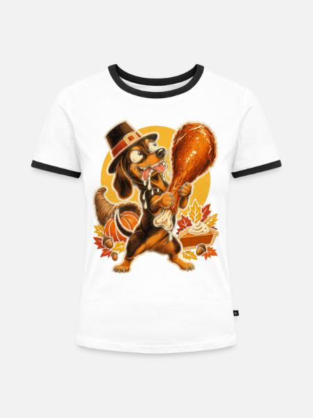 Thanksgiving Dackel mit Truthahn-Drumstick - Frauen Kontrast-T-Shirt - Weiß/Schwarz