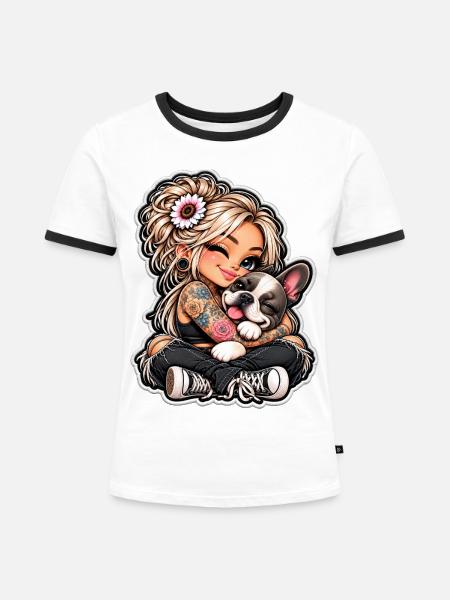 TattooMädchen kuschelt Bulldog - Frauen Kontrast-T-Shirt - Weiß/Schwarz