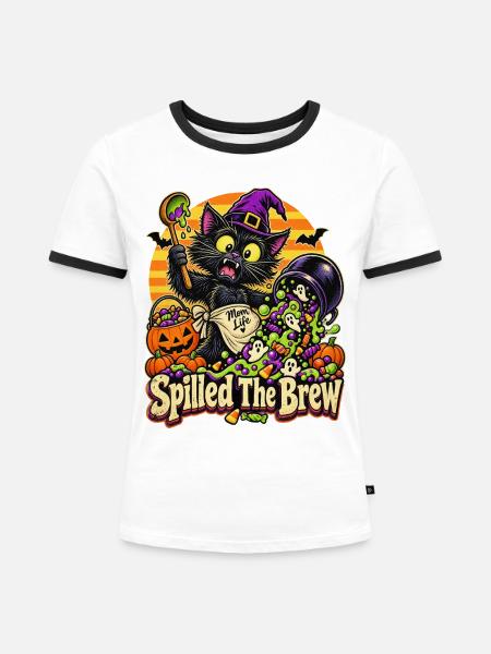 Halloween-Hexenkatze Spilled The Brew - Frauen Kontrast-T-Shirt - Weiß/Schwarz