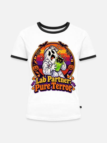 Halloween-College-Geist als Laborpartner - Frauen Kontrast-T-Shirt - Weiß/Schwarz