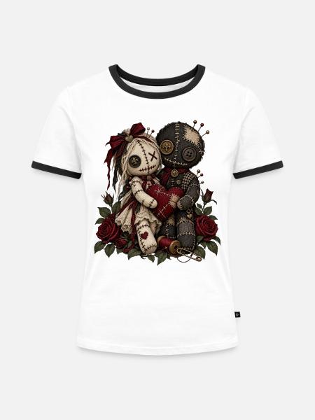 Patchwork Puppen Herzduo - Frauen Kontrast-T-Shirt - Weiß/Schwarz