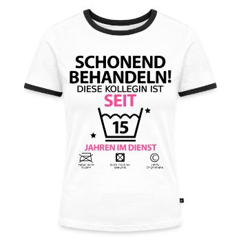 15 jähriges Jubiläum firmenjubiläum Kollegin - Frauen Kontrast-T-Shirt - Weiß/Schwarz - Vorne - Selfina (174cm)