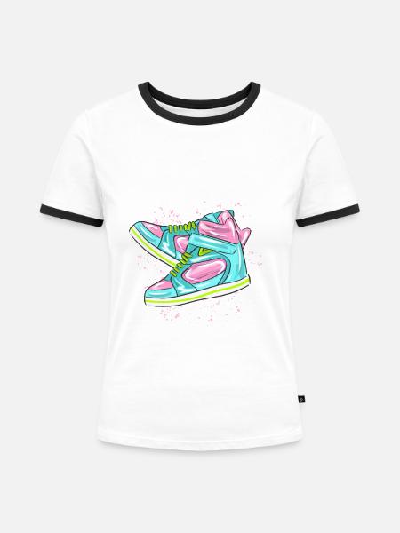 Sneakers - Frauen Kontrast-T-Shirt - Weiß/Schwarz