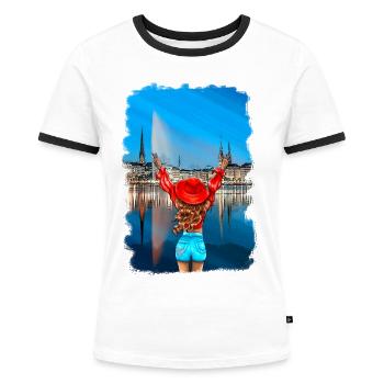 Blonde Hamburger Frau Skyline Illustration - Frauen Kontrast-T-Shirt - Weiß/Schwarz - Vorne - Selfina (174cm)