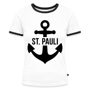 St. Pauli Anker Reeperbahn Kiez - Frauen Kontrast-T-Shirt - Weiß/Schwarz - Vorne - Selfina (174cm)