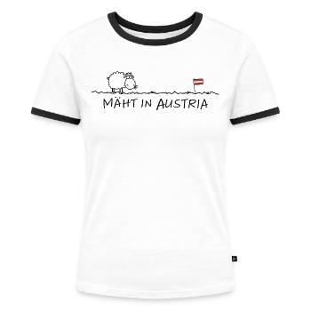 Mäht in Austria – Österreich Humor mit Schmäh - Frauen Kontrast-T-Shirt - Weiß/Schwarz - Vorne - Selfina (174cm)