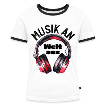 Kopfhörer: Musik an - Welt aus - Frauen Kontrast-T-Shirt - Weiß/Schwarz - Vorne - Selfina (174cm)