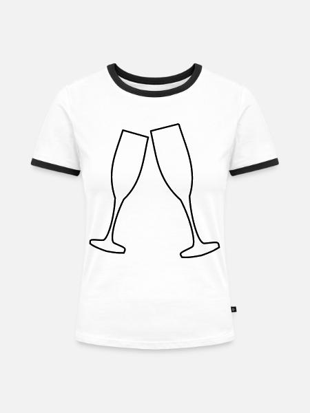 Zwei Sektgläser - Frauen Kontrast-T-Shirt - Weiß/Schwarz