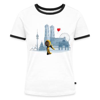 Skyline München mit Münchner Kindl und Herz - Frauen Kontrast-T-Shirt - Weiß/Schwarz - Vorne - Selfina (174cm)