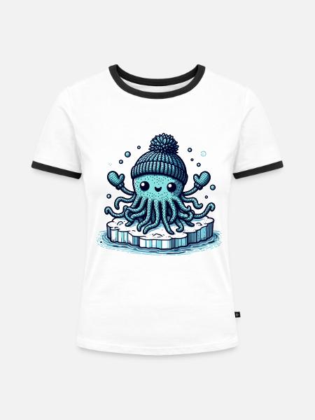 Amigurumi Monster auf einer Eisscholle - Frauen Kontrast-T-Shirt - Weiß/Schwarz