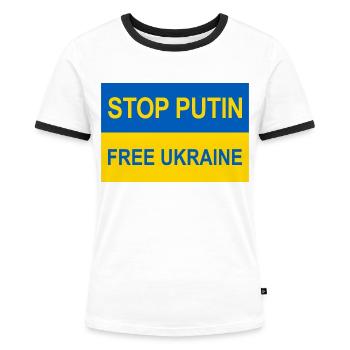 Stop Putin Stop War - Ukraine Flagge - Frauen Kontrast-T-Shirt - Weiß/Schwarz - Vorne - Selfina (174cm)