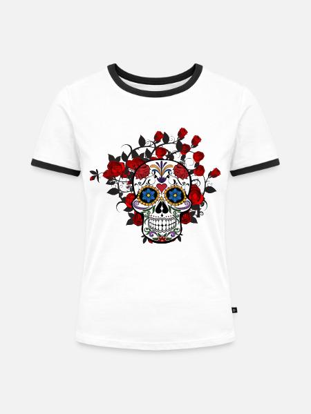 Blühender Schädel - Frauen Kontrast-T-Shirt - Weiß/Schwarz