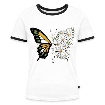 Schmetterling Blume blumig Floral Gänseblümchen - Frauen Kontrast-T-Shirt - Weiß/Schwarz - Vorne - Selfina (174cm)