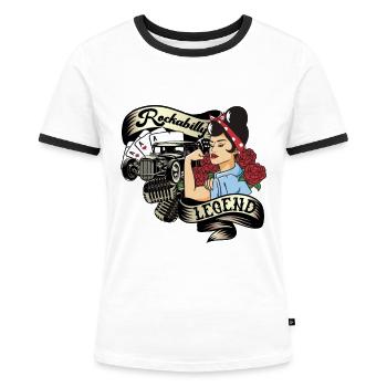 Vintage 50s RnR Design - Rockabilly Legend - Frauen Kontrast-T-Shirt - Weiß/Schwarz - Vorne - Selfina (174cm)