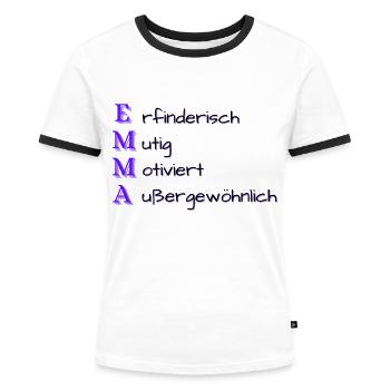 Emma: Name und Eigenschaften - Frauen Kontrast-T-Shirt - Weiß/Schwarz - Vorne - Selfina (174cm)