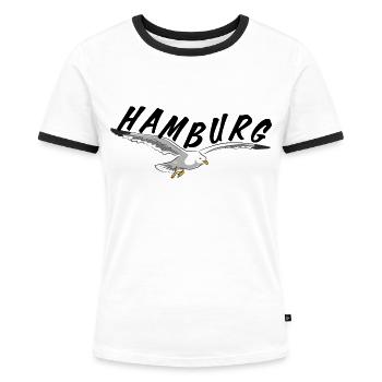 Hamburg über Möwe - schwarz - Frauen Kontrast-T-Shirt - Weiß/Schwarz - Vorne - Selfina (174cm)