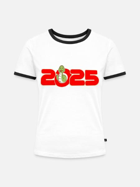 2025 chinesisches Neujahr - Frauen Kontrast-T-Shirt - Weiß/Schwarz