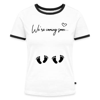 I'm Coming Soon Zwillinge Schwangerschaft Geburt - Frauen Kontrast-T-Shirt - Weiß/Schwarz - Vorne - Selfina (174cm)