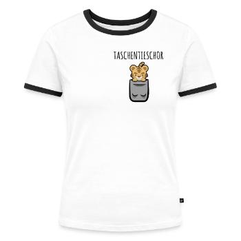 Brusttasche Tiger auf sächsisch lustiges Wortspiel - Frauen Kontrast-T-Shirt - Weiß/Schwarz - Vorne - Selfina (174cm)