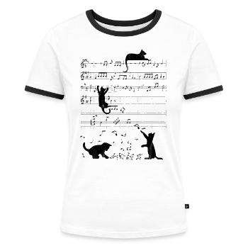 Niedliche Katze Musiknote Vintage Noten Musiker - Frauen Kontrast-T-Shirt - Weiß/Schwarz - Vorne - Selfina (174cm)